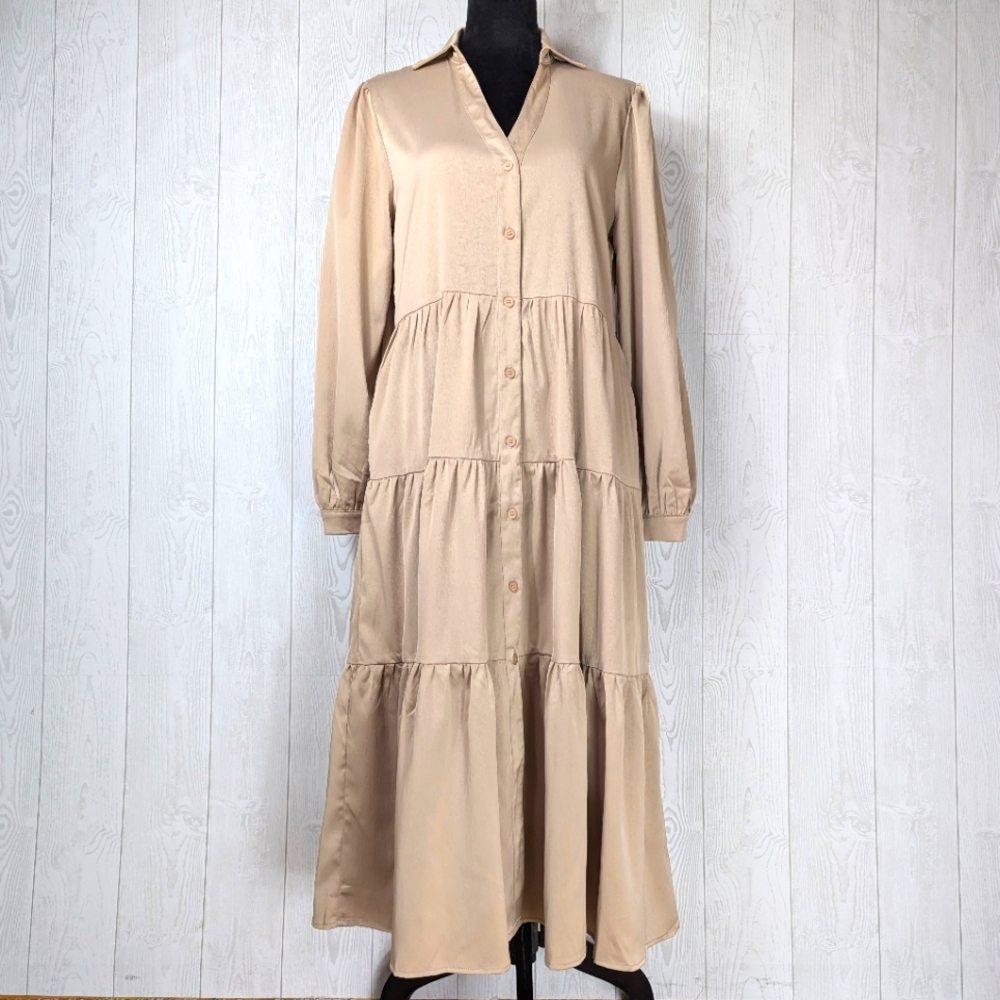 Zia Dress Tan Size Large with Shimmer Long Tiered Style with Buttons and Collar